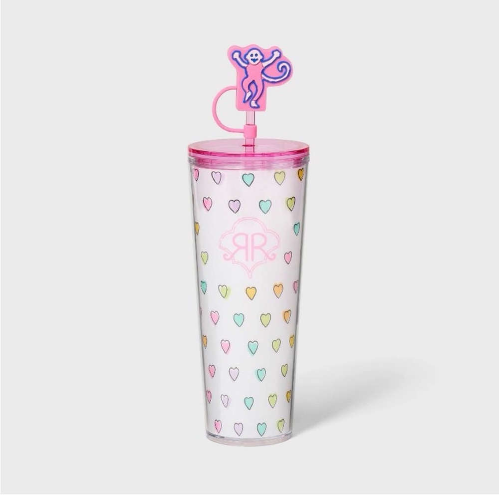 Roller Rabbit Pink Heart Pattern Tumbler with Monkey Straw